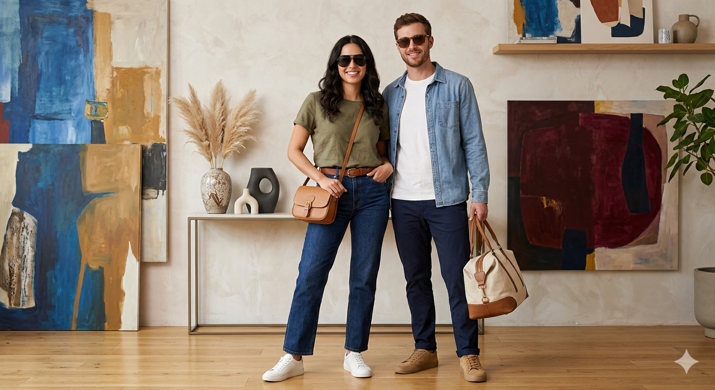 Stylish man and woman wearing sunglasses with luxury bags