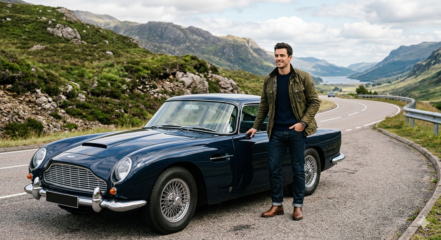 Stylish man standing beside a luxury vintage car