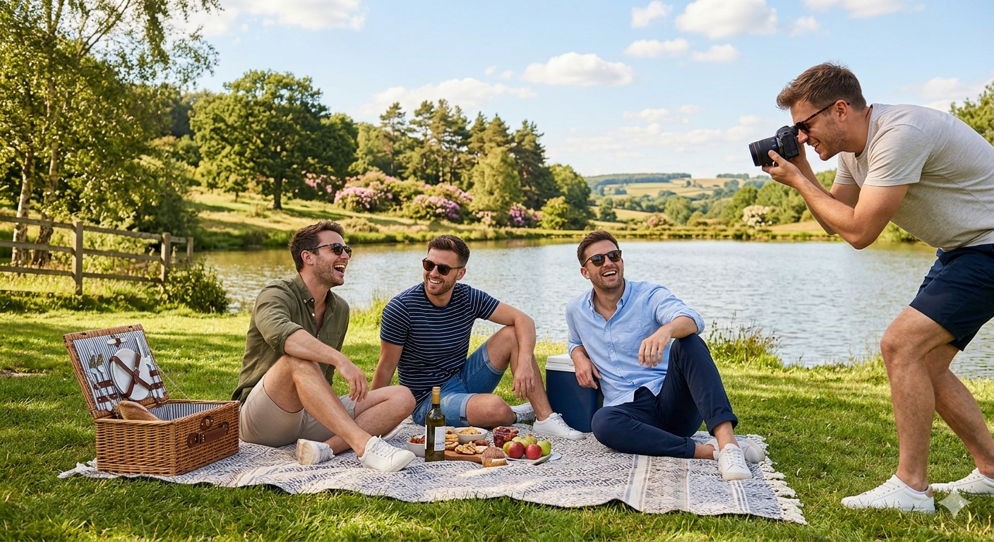 Friends in stylish outfits enjoying a colorful picnic by the lake
